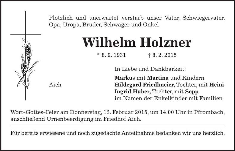 Traueranzeige Wilhelm Holzner
