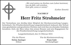 Traueranzeige Fritz Strohmeier