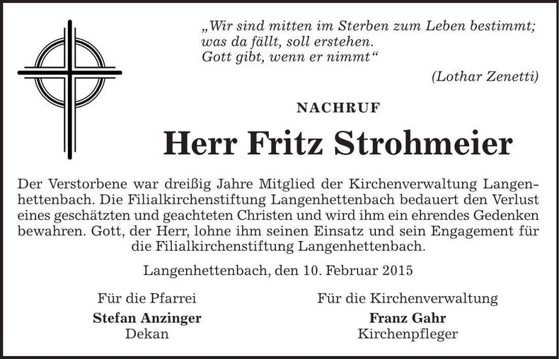 Traueranzeige Fritz Strohmeier