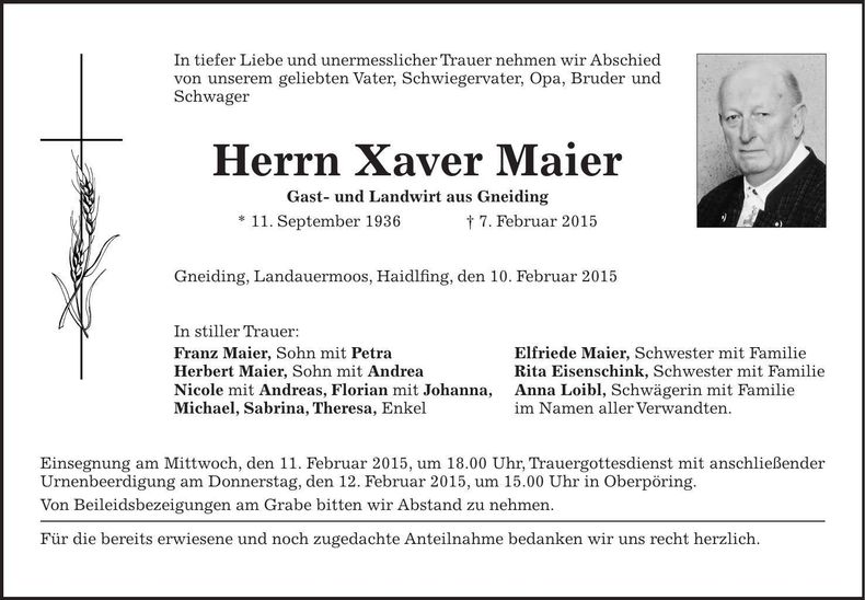 Traueranzeige Xaver Maier