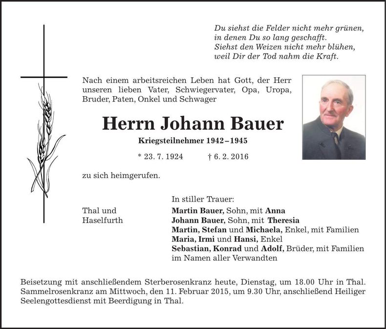 Traueranzeige Johann Bauer