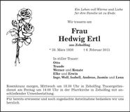 Traueranzeige Hedwig Ertl