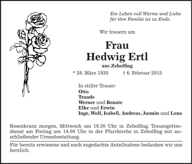 Traueranzeige Hedwig Ertl