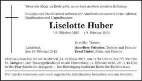 Traueranzeige Liselotte Huber