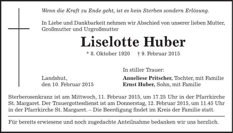 Traueranzeige Liselotte Huber