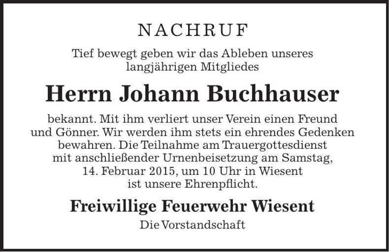 Traueranzeige Johann Buchhauser