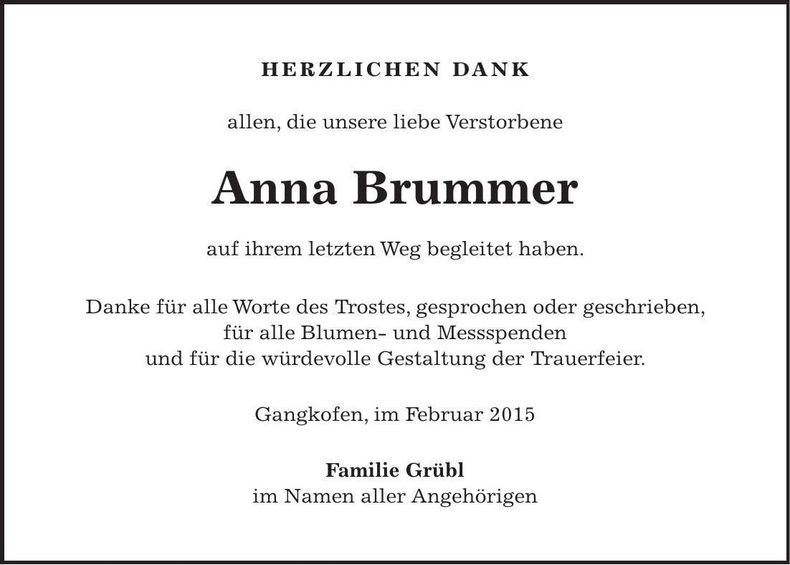 Traueranzeige Anna Brummer