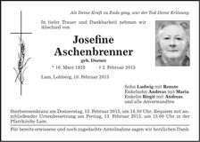 Traueranzeige Josefine Aschenbrenner