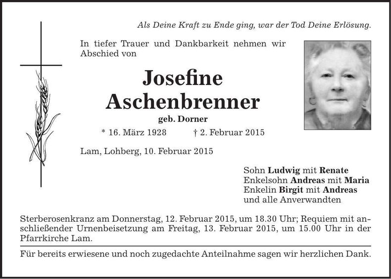 Traueranzeige Josefine Aschenbrenner