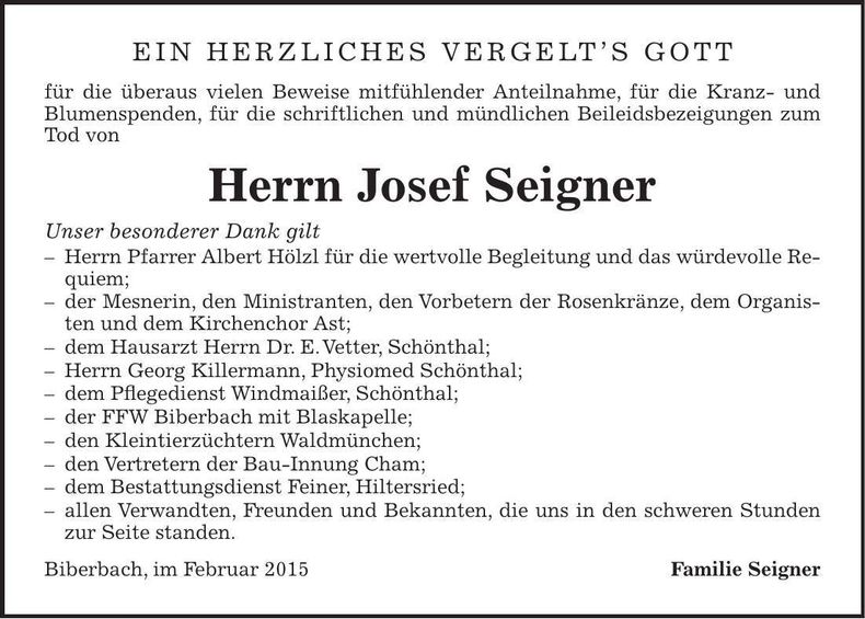 Traueranzeige Josef Seigner