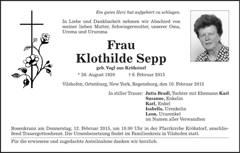 Traueranzeige Sepp Klothilde