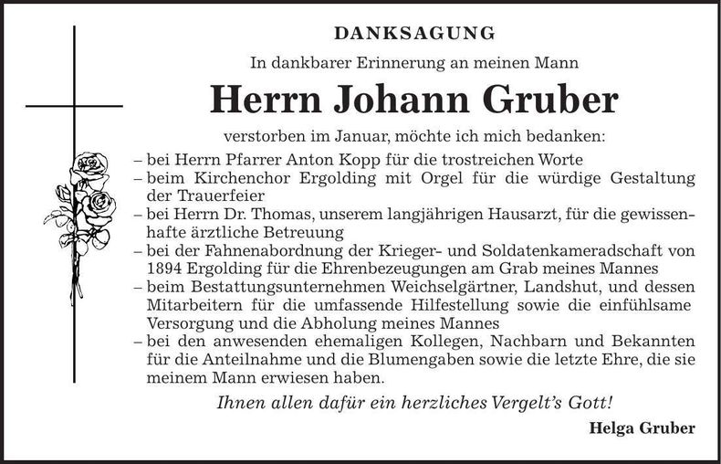 Traueranzeige Johann Gruber
