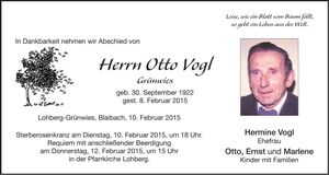 Traueranzeige Otto Vogl