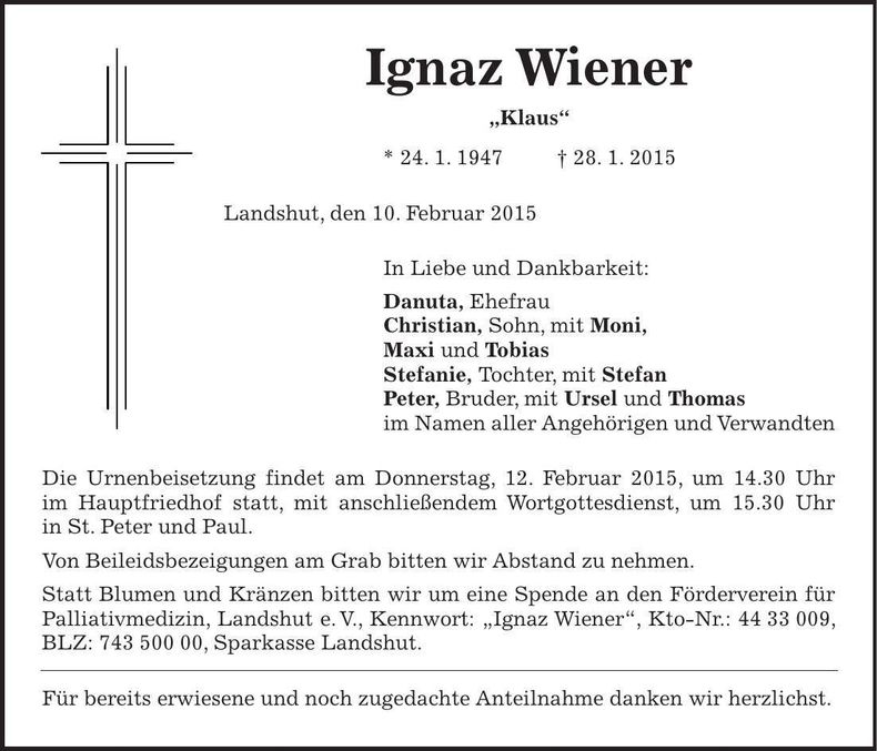 Traueranzeige Ignaz Wiener