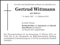 Traueranzeige Gertrud Wittmann