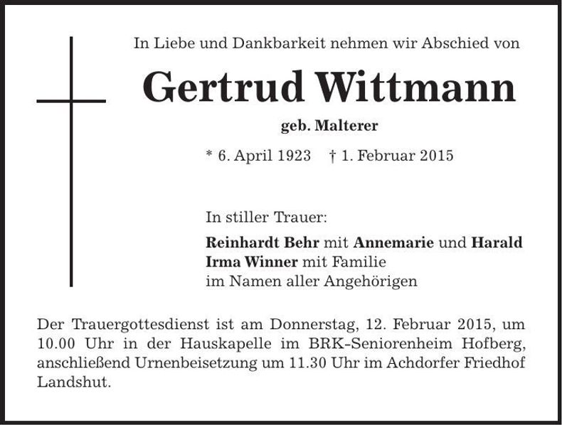 Traueranzeige Gertrud Wittmann