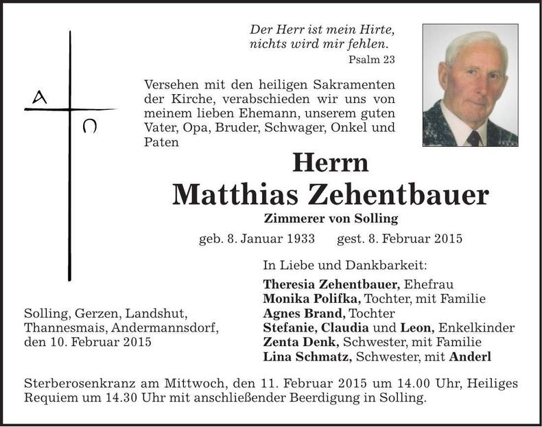 Traueranzeige Matthias Zehentbauer