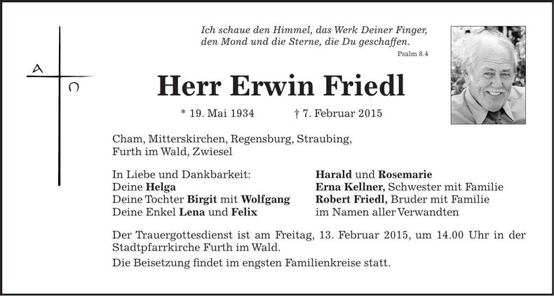Traueranzeige Erwin Friedl