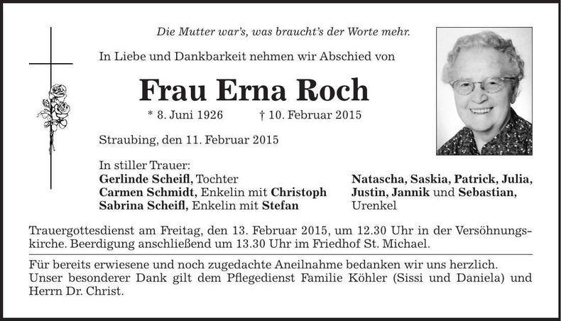 Traueranzeige Erna Roch