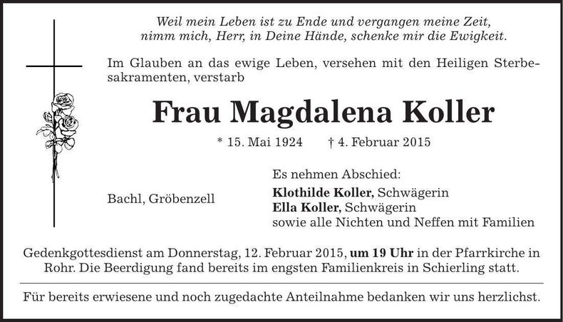 Traueranzeige Magdalena Koller