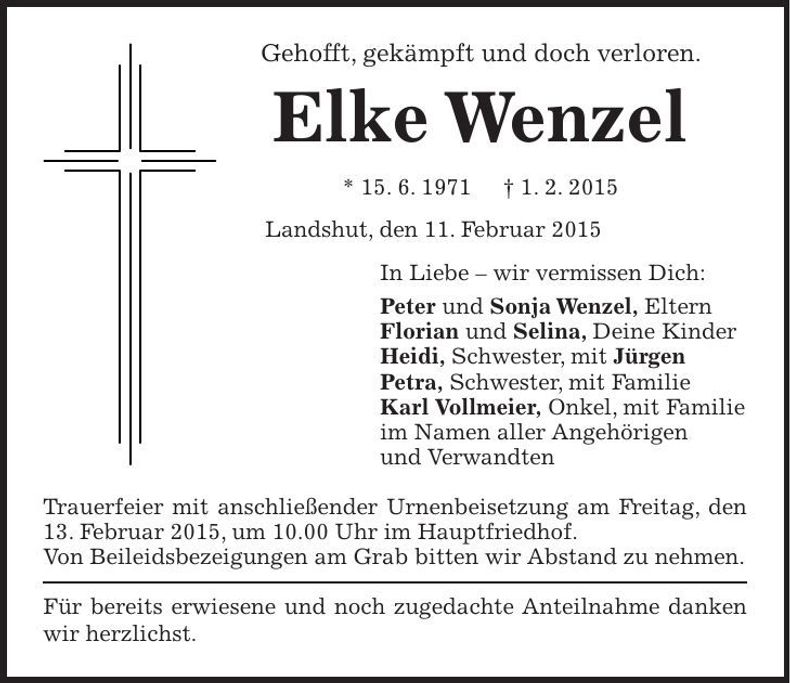 Traueranzeige Elke Wenzel