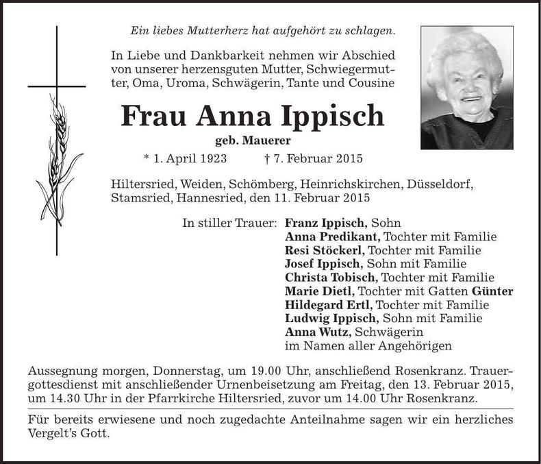Traueranzeige Anna Ippisch