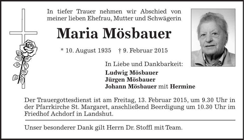 Traueranzeige Maria Mösbauer