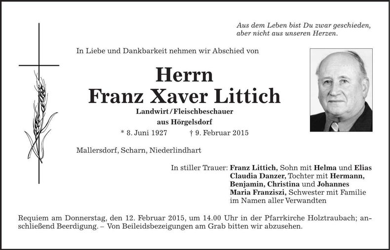 Traueranzeige Franz Xaver Littich
