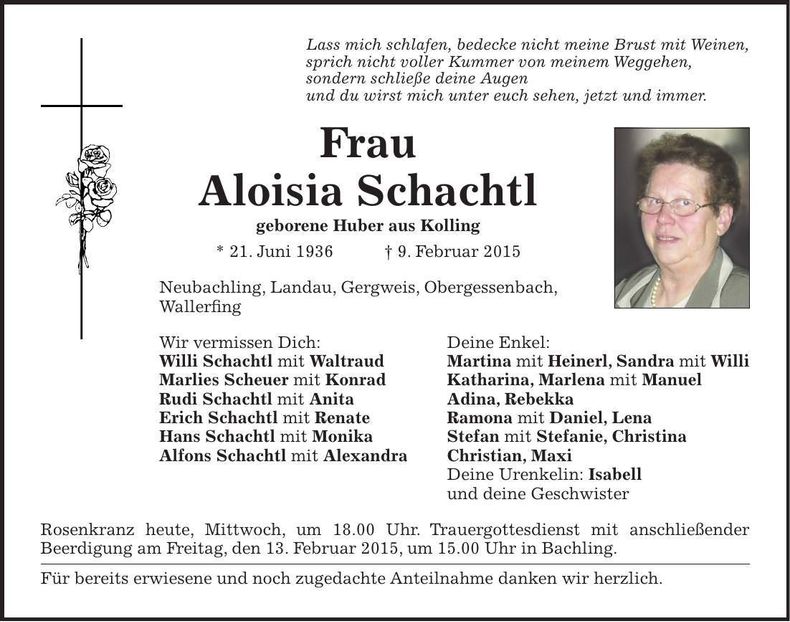 Traueranzeige Aloisia Schachtl