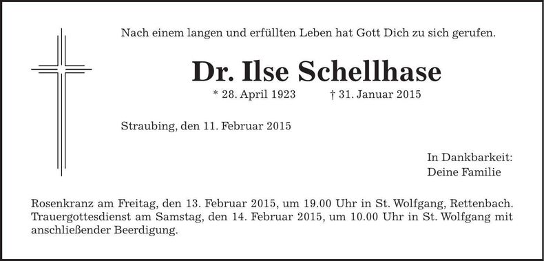 Traueranzeige Ilse Schellhase Dr.