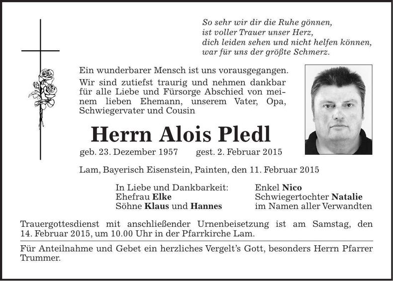 Traueranzeige Alois Pledl