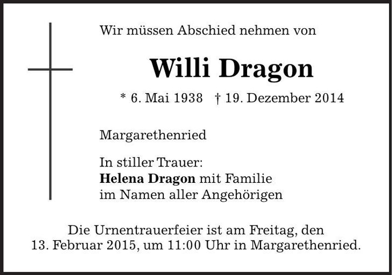 Traueranzeige Willi Dragon