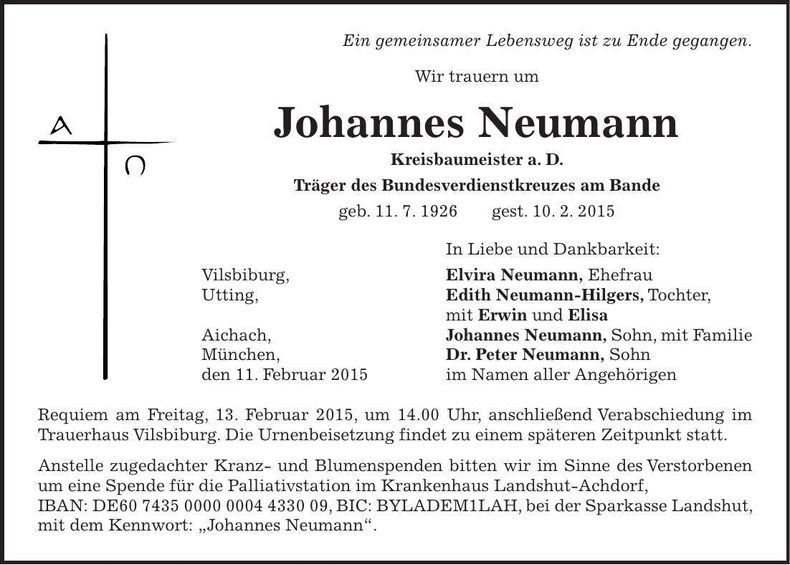 Traueranzeige Johannes Neumann