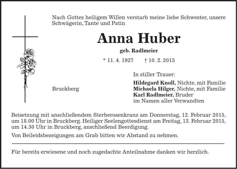 Traueranzeige Anna Huber