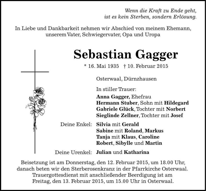 Traueranzeige Sebastian Gagger