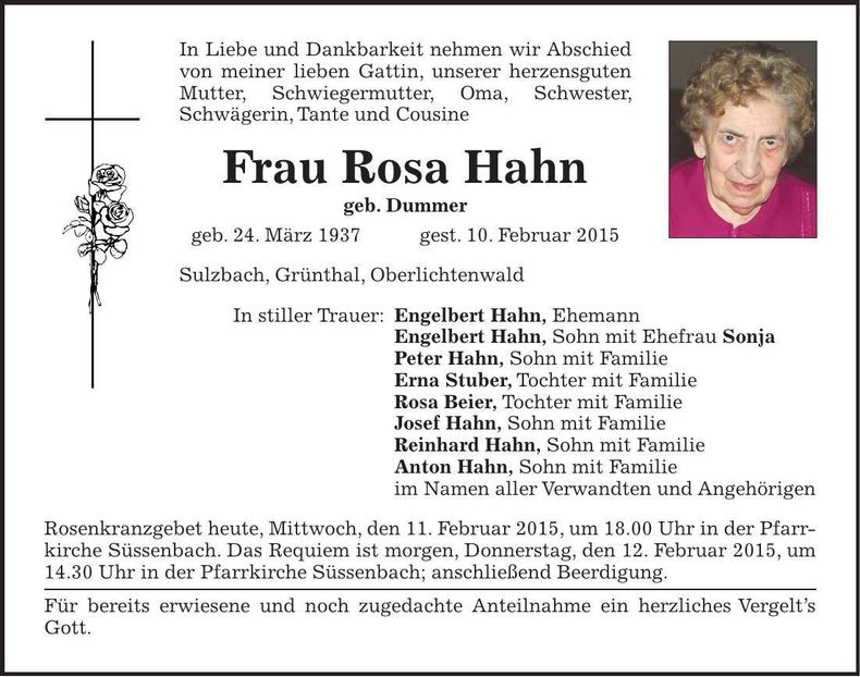 Traueranzeige Rosa Hahn
