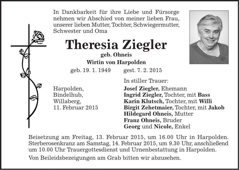 Traueranzeige Theresia Ziegler