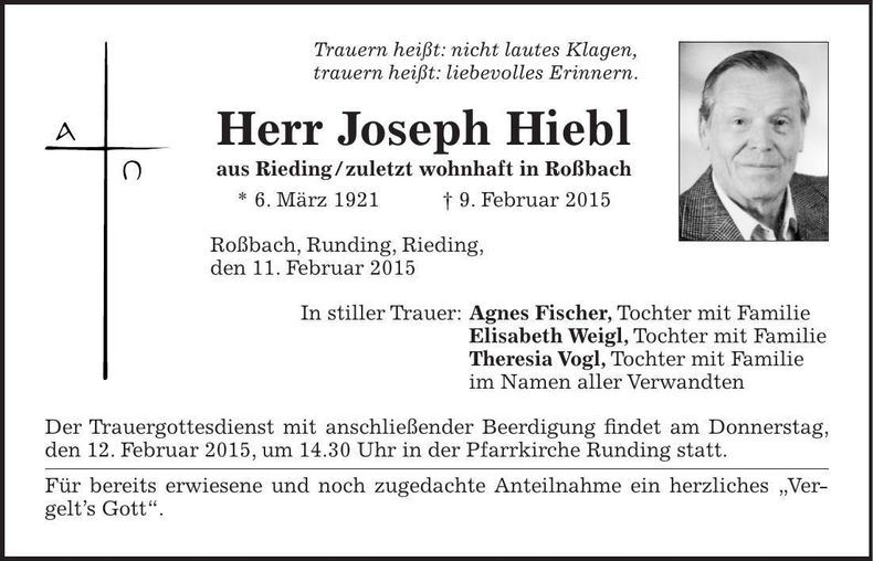 Traueranzeige Joseph Hiebl