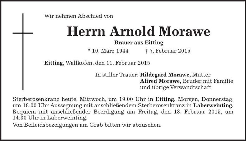 Traueranzeige Arnold Morawe