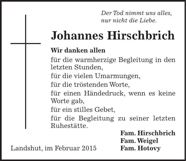 Traueranzeige Johannes Hirschbrich