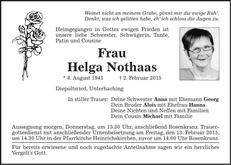 Traueranzeige Helga Nothaas
