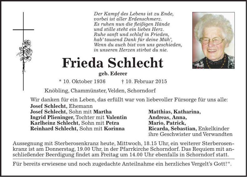 Traueranzeige Frieda Schlecht
