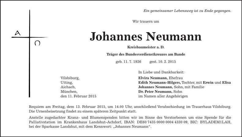 Traueranzeige Johannes Neumann