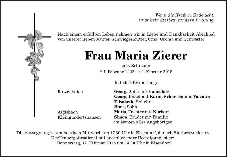 Traueranzeige Maria Zierer