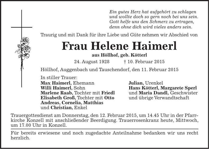 Traueranzeige Helene Haimerl