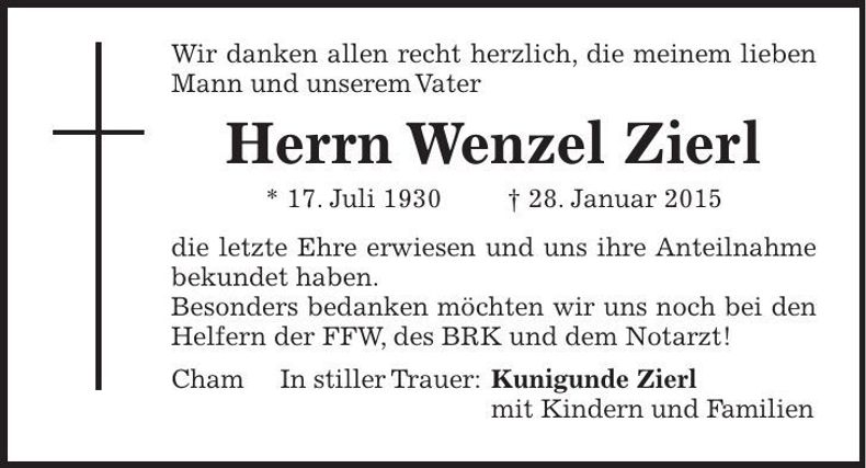 Traueranzeige Wenzel Zierl