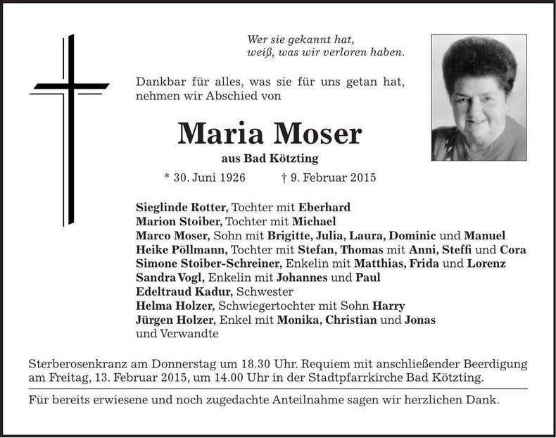 Traueranzeige Maria Moser