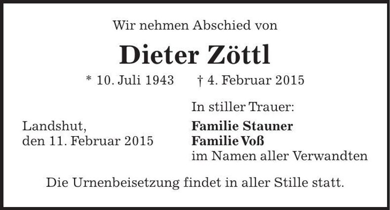 Traueranzeige Dieter Zöttel