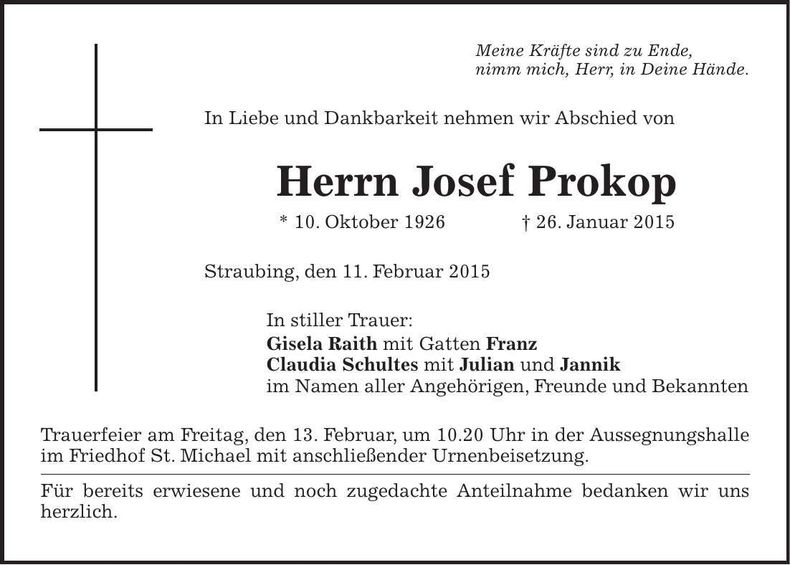 Traueranzeige Josef Prokop