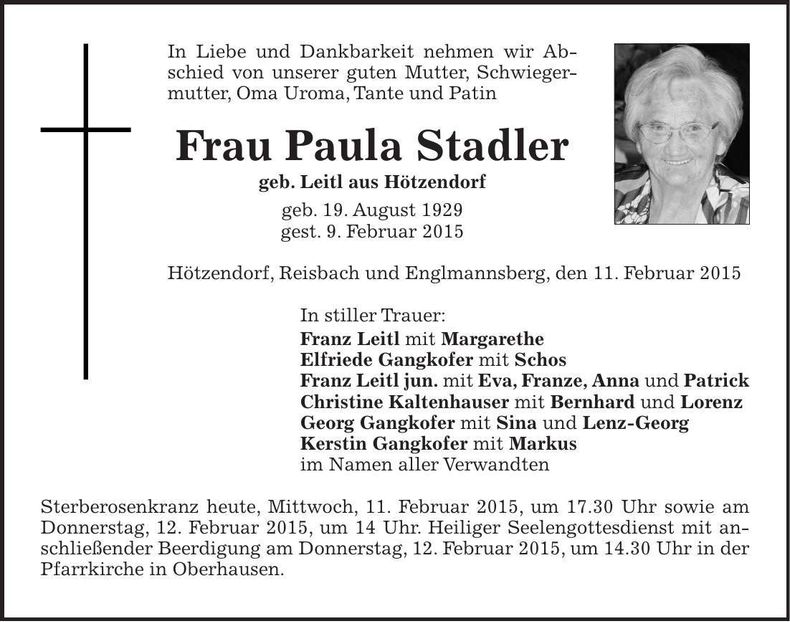 Traueranzeige Paula Stadler